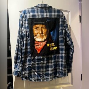 Blue Plaid Shirt with Graphic Willie Nelson Back
